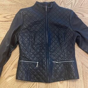 Quilted 100% Real Leather Black Women's Moto Jacket with Zip Pockets